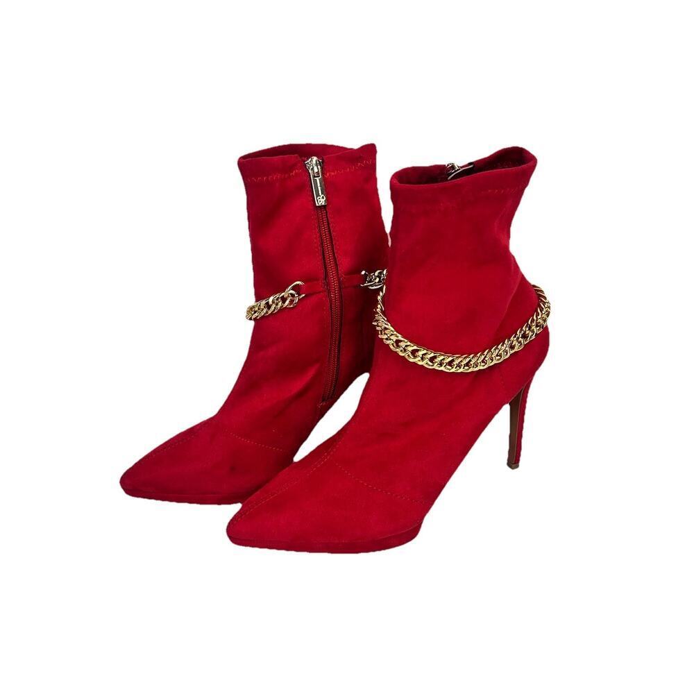 Jessica Simpson Red Micro Fiber Heels Ankle Boots Gold Chains Stretch 4" Heel